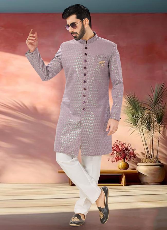 Jacquard Lilac Wedding Wear Embroidery Work Readymade Sherwani